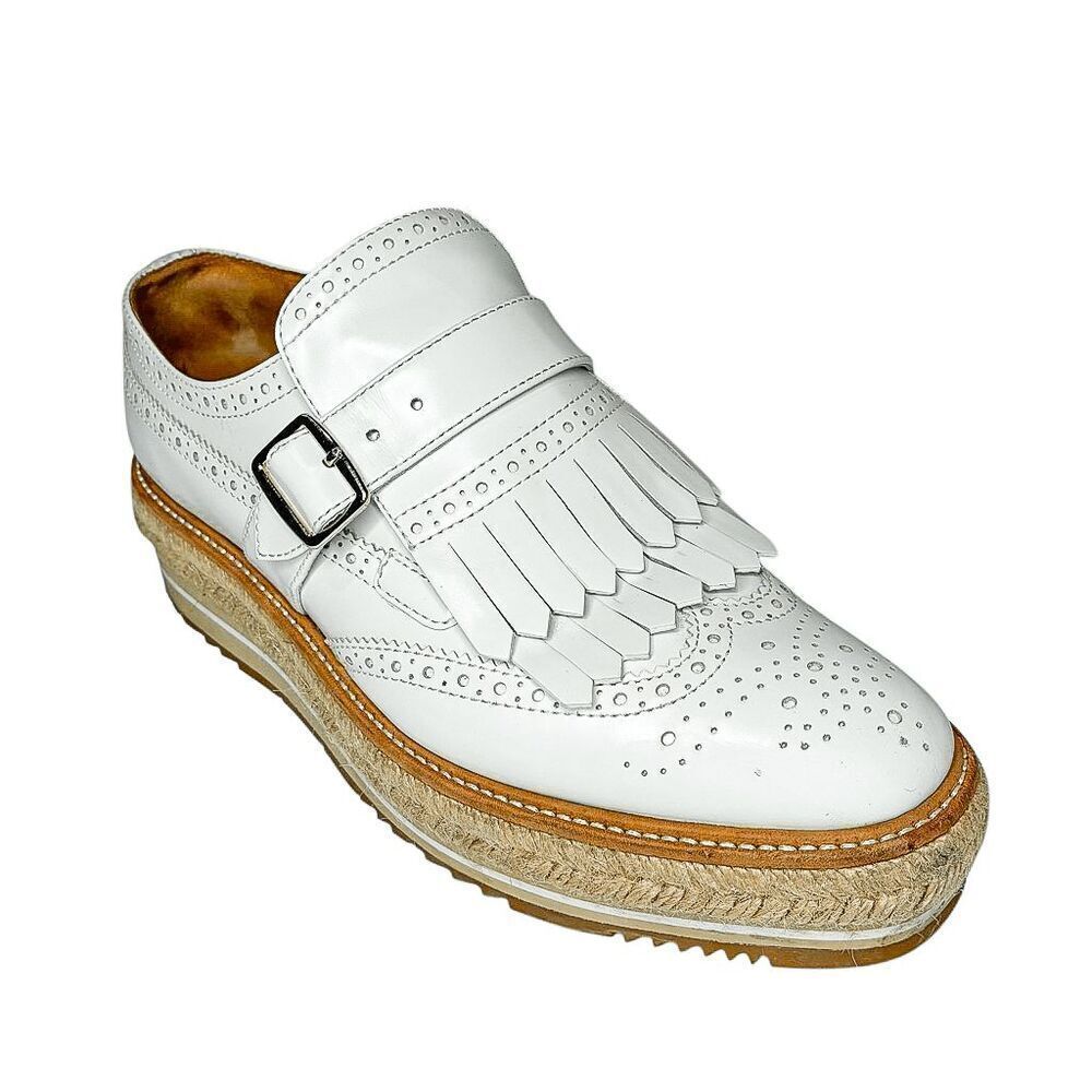 Prada White Brogue Fringe Buckle Platform Wedge Espadrilles Size 37.5 Italian